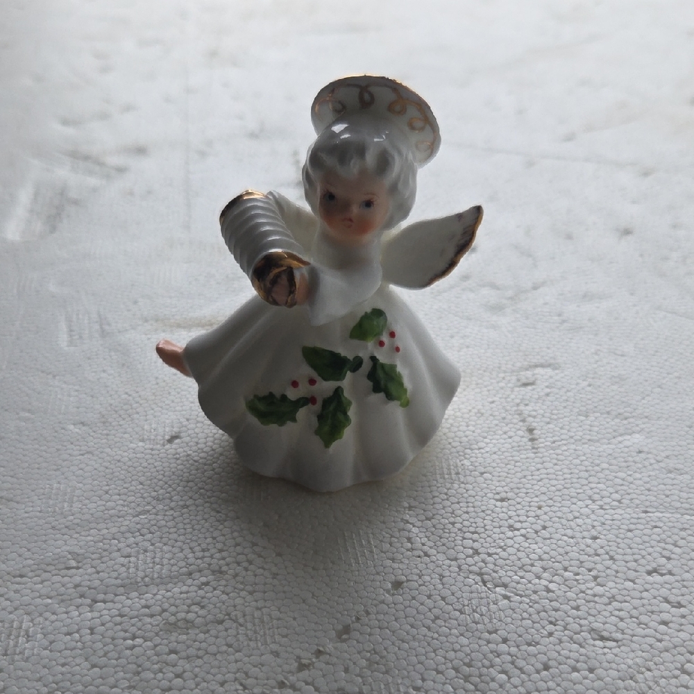 Ceramic Angel Figurine with Holly Accents Acordian Bone China  Vintage Old